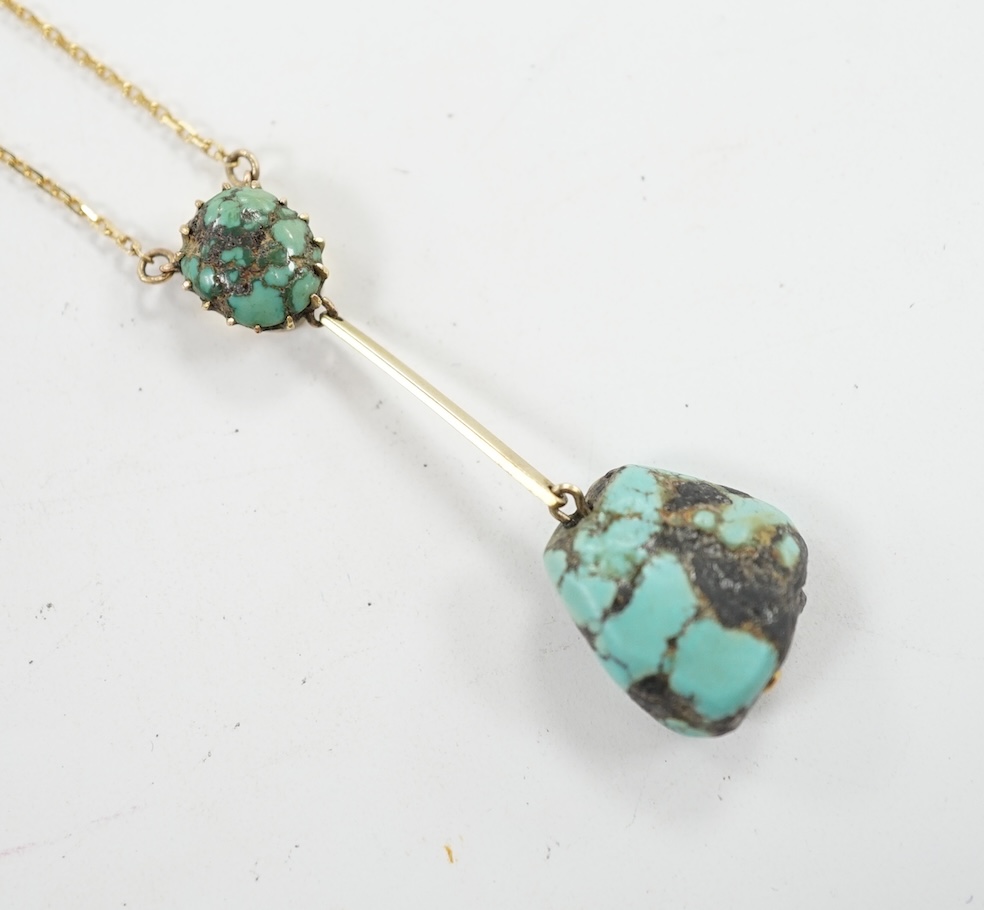A 375 and two stone turquoise drop pendant necklace, overall 54cm, gross weight 5 grams. Condition - fair